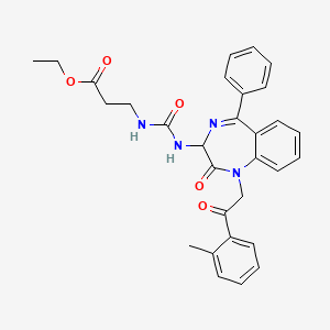 molecular formula C30H30N4O5 B2725639 ethyl 3-((N-(2,5-diaza-2-(2-(2-methylphenyl)-2-oxoethyl)-3-oxo-6-phenylbicyclo[5.4.0]undeca-1(7),5,8,10-tetraen-4-yl)carbamoyl)amino)propanoate CAS No. 1796911-73-3