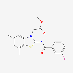molecular formula C19H17FN2O3S B2726280 Methyl 2-[2-(3-fluorobenzoyl)imino-5,7-dimethyl-1,3-benzothiazol-3-yl]acetate CAS No. 1321995-34-9