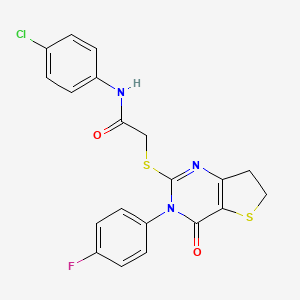 molecular formula C20H15ClFN3O2S2 B2726507 N-(4-chlorophenyl)-2-{[3-(4-fluorophenyl)-4-oxo-3H,4H,6H,7H-thieno[3,2-d]pyrimidin-2-yl]sulfanyl}acetamide CAS No. 687562-68-1