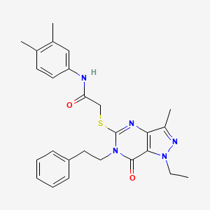 molecular formula C26H29N5O2S B2726809 N-(3,4-dimethylphenyl)-2-{[1-ethyl-3-methyl-7-oxo-6-(2-phenylethyl)-1H,6H,7H-pyrazolo[4,3-d]pyrimidin-5-yl]sulfanyl}acetamide CAS No. 1359128-29-2