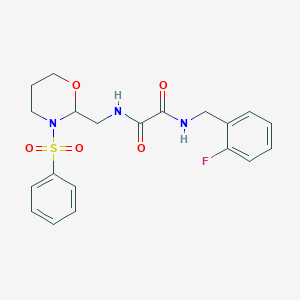 molecular formula C20H22FN3O5S B2726863 N-{[3-(benzenesulfonyl)-1,3-oxazinan-2-yl]methyl}-N'-[(2-fluorophenyl)methyl]ethanediamide CAS No. 872881-38-4