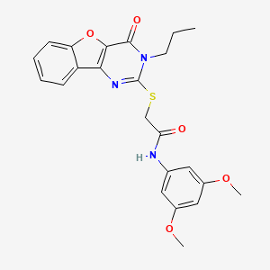 molecular formula C23H23N3O5S B2726871 N-(3,5-dimethoxyphenyl)-2-({6-oxo-5-propyl-8-oxa-3,5-diazatricyclo[7.4.0.0^{2,7}]trideca-1(9),2(7),3,10,12-pentaen-4-yl}sulfanyl)acetamide CAS No. 900003-92-1