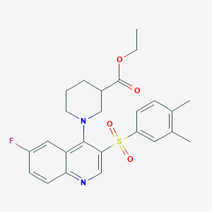 molecular formula C25H27FN2O4S B2727362 ETHYL 1-[3-(3,4-DIMETHYLBENZENESULFONYL)-6-FLUOROQUINOLIN-4-YL]PIPERIDINE-3-CARBOXYLATE CAS No. 887223-20-3