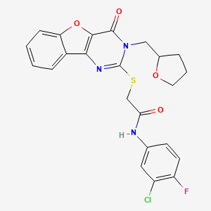 molecular formula C23H19ClFN3O4S B2727392 N-(3-chloro-4-fluorophenyl)-2-((4-oxo-3-((tetrahydrofuran-2-yl)methyl)-3,4-dihydrobenzofuro[3,2-d]pyrimidin-2-yl)thio)acetamide CAS No. 900003-00-1