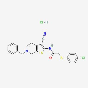 molecular formula C23H21Cl2N3OS2 B2727579 N-(6-benzyl-3-cyano-4,5,6,7-tetrahydrothieno[2,3-c]pyridin-2-yl)-2-((4-chlorophenyl)thio)acetamide hydrochloride CAS No. 1216405-00-3