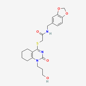 molecular formula C21H25N3O5S B2727775 N-(benzo[d][1,3]dioxol-5-ylmethyl)-2-((1-(3-hydroxypropyl)-2-oxo-1,2,5,6,7,8-hexahydroquinazolin-4-yl)thio)acetamide CAS No. 942013-44-7