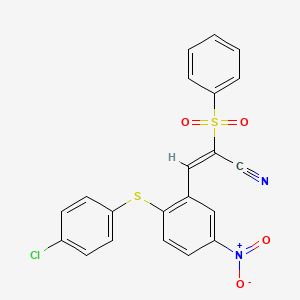 molecular formula C21H13ClN2O4S2 B2728003 3-(2-(4-Chlorophenylthio)-5-nitrophenyl)-2-(phenylsulfonyl)prop-2-enenitrile CAS No. 1025642-11-8