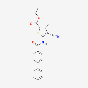 molecular formula C22H18N2O3S B2728153 ETHYL 5-{[1,1'-BIPHENYL]-4-AMIDO}-4-CYANO-3-METHYLTHIOPHENE-2-CARBOXYLATE CAS No. 443122-46-1