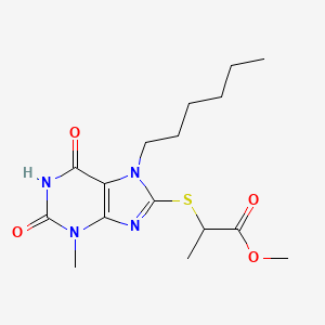 molecular formula C16H24N4O4S B2728312 methyl 2-[(7-hexyl-3-methyl-2,6-dioxo-2,3,6,7-tetrahydro-1H-purin-8-yl)sulfanyl]propanoate CAS No. 476481-84-2