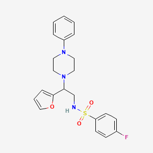 molecular formula C22H24FN3O3S B2728336 4-fluoro-N-(2-(furan-2-yl)-2-(4-phenylpiperazin-1-yl)ethyl)benzenesulfonamide CAS No. 877648-11-8