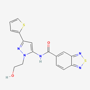 molecular formula C16H13N5O2S2 B2728338 N-(1-(2-hydroxyethyl)-3-(thiophen-2-yl)-1H-pyrazol-5-yl)benzo[c][1,2,5]thiadiazole-5-carboxamide CAS No. 1219913-54-8