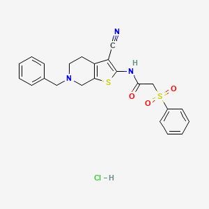 molecular formula C23H22ClN3O3S2 B2728355 N-(6-benzyl-3-cyano-4,5,6,7-tetrahydrothieno[2,3-c]pyridin-2-yl)-2-(phenylsulfonyl)acetamide hydrochloride CAS No. 1216769-71-9