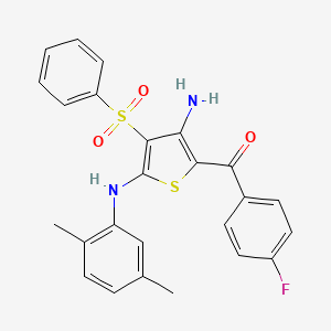molecular formula C25H21FN2O3S2 B2728415 (3-Amino-5-((2,5-dimethylphenyl)amino)-4-(phenylsulfonyl)thiophen-2-yl)(4-fluorophenyl)methanone CAS No. 890822-33-0