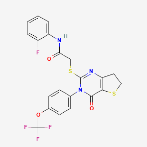 molecular formula C21H15F4N3O3S2 B2728419 N-(2-fluorophenyl)-2-((4-oxo-3-(4-(trifluoromethoxy)phenyl)-3,4,6,7-tetrahydrothieno[3,2-d]pyrimidin-2-yl)thio)acetamide CAS No. 877654-43-8