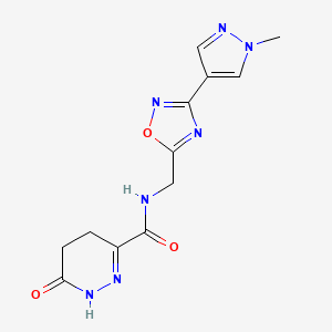 molecular formula C12H13N7O3 B2728429 N-((3-(1-methyl-1H-pyrazol-4-yl)-1,2,4-oxadiazol-5-yl)methyl)-6-oxo-1,4,5,6-tetrahydropyridazine-3-carboxamide CAS No. 2034560-08-0
