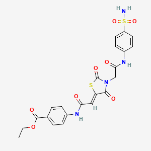 molecular formula C22H20N4O8S2 B2728477 (Z)-ethyl 4-(2-(2,4-dioxo-3-(2-oxo-2-((4-sulfamoylphenyl)amino)ethyl)thiazolidin-5-ylidene)acetamido)benzoate CAS No. 692762-82-6