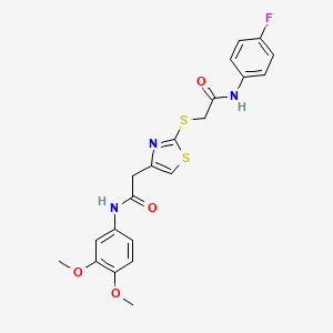 molecular formula C21H20FN3O4S2 B2728487 N-(3,4-dimethoxyphenyl)-2-(2-((2-((4-fluorophenyl)amino)-2-oxoethyl)thio)thiazol-4-yl)acetamide CAS No. 941874-41-5
