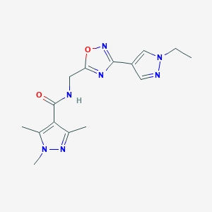 molecular formula C15H19N7O2 B2729248 N-((3-(1-ethyl-1H-pyrazol-4-yl)-1,2,4-oxadiazol-5-yl)methyl)-1,3,5-trimethyl-1H-pyrazole-4-carboxamide CAS No. 2034463-54-0