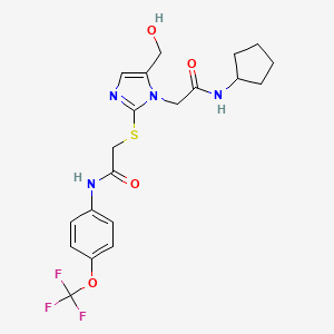 molecular formula C20H23F3N4O4S B2729459 2-({1-[(cyclopentylcarbamoyl)methyl]-5-(hydroxymethyl)-1H-imidazol-2-yl}sulfanyl)-N-[4-(trifluoromethoxy)phenyl]acetamide CAS No. 923249-82-5