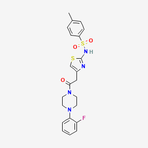 molecular formula C22H23FN4O3S2 B2729522 N-(4-(2-(4-(2-fluorophenyl)piperazin-1-yl)-2-oxoethyl)thiazol-2-yl)-4-methylbenzenesulfonamide CAS No. 922022-13-7