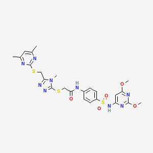 molecular formula C24H27N9O5S3 B2729847 N-{4-[(2,6-dimethoxypyrimidin-4-yl)sulfamoyl]phenyl}-2-[(5-{[(4,6-dimethylpyrimidin-2-yl)sulfanyl]methyl}-4-methyl-4H-1,2,4-triazol-3-yl)sulfanyl]acetamide CAS No. 637326-87-5