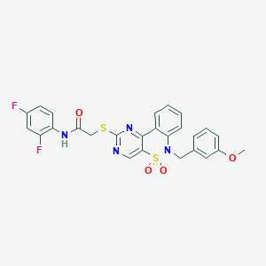 molecular formula C26H20F2N4O4S2 B2730351 N-(2,4-difluorophenyl)-2-({9-[(3-methoxyphenyl)methyl]-8,8-dioxo-8lambda6-thia-3,5,9-triazatricyclo[8.4.0.0^{2,7}]tetradeca-1(14),2(7),3,5,10,12-hexaen-4-yl}sulfanyl)acetamide CAS No. 899548-03-9