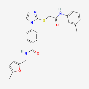 molecular formula C25H24N4O3S B2730500 N-[(5-methylfuran-2-yl)methyl]-4-[2-({[(3-methylphenyl)carbamoyl]methyl}sulfanyl)-1H-imidazol-1-yl]benzamide CAS No. 1207000-28-9