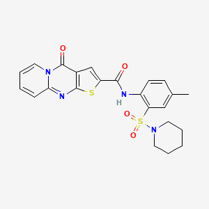 molecular formula C23H22N4O4S2 B2730768 N-[4-methyl-2-(piperidine-1-sulfonyl)phenyl]-2-oxo-6-thia-1,8-diazatricyclo[7.4.0.0^{3,7}]trideca-3(7),4,8,10,12-pentaene-5-carboxamide CAS No. 519149-04-3