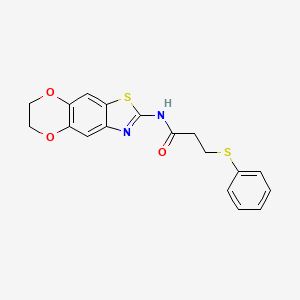 molecular formula C18H16N2O3S2 B2730829 N-{10,13-dioxa-4-thia-6-azatricyclo[7.4.0.0^{3,7}]trideca-1,3(7),5,8-tetraen-5-yl}-3-(phenylsulfanyl)propanamide CAS No. 892854-08-9