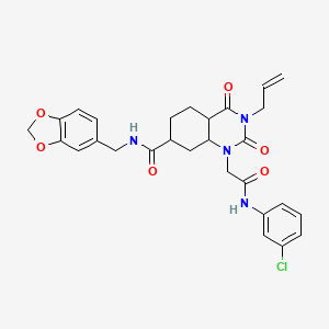 molecular formula C28H23ClN4O6 B2730892 N-(1,3-benzodioxol-5-ylmethyl)-1-[2-(3-chloroanilino)-2-oxoethyl]-2,4-dioxo-3-prop-2-enyl-4a,5,6,7,8,8a-hexahydroquinazoline-7-carboxamide CAS No. 902161-67-5