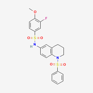 molecular formula C22H21FN2O5S2 B2730929 N-[1-(benzenesulfonyl)-1,2,3,4-tetrahydroquinolin-6-yl]-3-fluoro-4-methoxybenzene-1-sulfonamide CAS No. 1005293-93-5