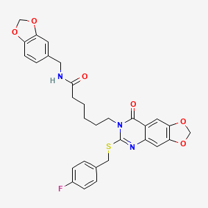 molecular formula C30H28FN3O6S B2731079 N-[(2H-1,3-benzodioxol-5-yl)methyl]-6-(6-{[(4-fluorophenyl)methyl]sulfanyl}-8-oxo-2H,7H,8H-[1,3]dioxolo[4,5-g]quinazolin-7-yl)hexanamide CAS No. 896682-02-3
