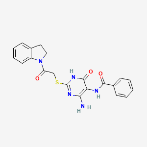 molecular formula C21H19N5O3S B2731139 N-(4-amino-2-((2-(indolin-1-yl)-2-oxoethyl)thio)-6-oxo-1,6-dihydropyrimidin-5-yl)benzamide CAS No. 872596-78-6