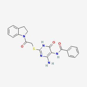 B2731139 N-(4-amino-2-((2-(indolin-1-yl)-2-oxoethyl)thio)-6-oxo-1,6-dihydropyrimidin-5-yl)benzamide CAS No. 872596-78-6