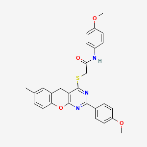 molecular formula C28H25N3O4S B2731242 N-(4-methoxyphenyl)-2-{[2-(4-methoxyphenyl)-7-methyl-5H-chromeno[2,3-d]pyrimidin-4-yl]sulfanyl}acetamide CAS No. 866340-80-9