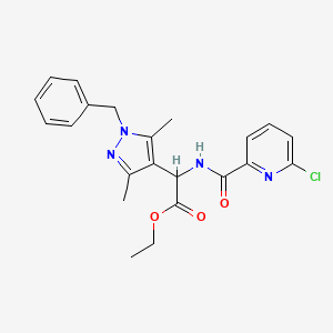 molecular formula C22H23ClN4O3 B2731421 ethyl 2-(1-benzyl-3,5-dimethyl-1H-pyrazol-4-yl)-2-[(6-chloropyridin-2-yl)formamido]acetate CAS No. 1786222-57-8