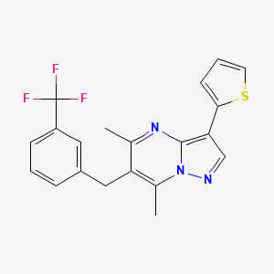molecular formula C20H16F3N3S B2731508 5,7-Dimethyl-3-thiophen-2-yl-6-[[3-(trifluoromethyl)phenyl]methyl]pyrazolo[1,5-a]pyrimidine CAS No. 900014-82-6