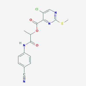 molecular formula C16H13ClN4O3S B2731528 1-[(4-Cyanophenyl)carbamoyl]ethyl 5-chloro-2-(methylsulfanyl)pyrimidine-4-carboxylate CAS No. 1111504-23-4