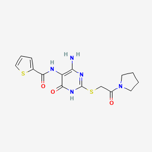 molecular formula C15H17N5O3S2 B2731580 N-(4-amino-6-oxo-2-((2-oxo-2-(pyrrolidin-1-yl)ethyl)thio)-1,6-dihydropyrimidin-5-yl)thiophene-2-carboxamide CAS No. 868225-30-3