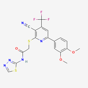 molecular formula C19H14F3N5O3S2 B2731582 2-[3-氰基-6-(3,4-二甲氧基苯基)-4-(三氟甲基)吡啶-2-基]硫醚-N-(1,3,4-噻二唑-2-基)乙酰胺 CAS No. 625378-03-2