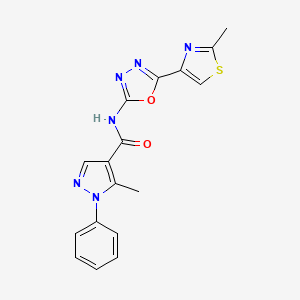 molecular formula C17H14N6O2S B2731594 5-methyl-N-(5-(2-methylthiazol-4-yl)-1,3,4-oxadiazol-2-yl)-1-phenyl-1H-pyrazole-4-carboxamide CAS No. 1286713-91-4