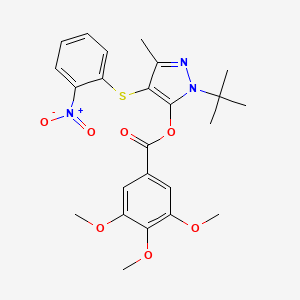 molecular formula C24H27N3O7S B2731649 1-(tert-butyl)-3-methyl-4-((2-nitrophenyl)thio)-1H-pyrazol-5-yl 3,4,5-trimethoxybenzoate CAS No. 851127-63-4