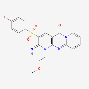 molecular formula C21H19FN4O4S B2731679 5-(4-fluorophenyl)sulfonyl-6-imino-7-(2-methoxyethyl)-11-methyl-1,7,9-triazatricyclo[8.4.0.03,8]tetradeca-3(8),4,9,11,13-pentaen-2-one CAS No. 849918-80-5