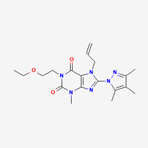 molecular formula C19H26N6O3 B2731929 1-(2-Ethoxyethyl)-3-methyl-7-prop-2-enyl-8-(3,4,5-trimethylpyrazolyl)-1,3,7-tr ihydropurine-2,6-dione CAS No. 1014011-95-0