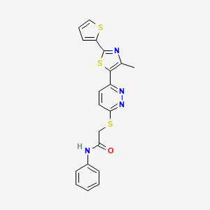 molecular formula C20H16N4OS3 B2732060 2-((6-(4-methyl-2-(thiophen-2-yl)thiazol-5-yl)pyridazin-3-yl)thio)-N-phenylacetamide CAS No. 1005304-32-4