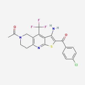 molecular formula C20H15ClF3N3O2S B2732197 1-[3-amino-2-(4-chlorobenzoyl)-4-(trifluoromethyl)-5H,6H,7H,8H-thieno[2,3-b]1,6-naphthyridin-6-yl]ethan-1-one CAS No. 727671-21-8