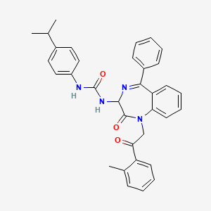molecular formula C34H32N4O3 B2732212 N-(2,5-diaza-2-(2-(2-methylphenyl)-2-oxoethyl)-3-oxo-6-phenylbicyclo[5.4.0]undeca-1(7),5,8,10-tetraen-4-yl)((4-isopropylphenyl)amino)formamide CAS No. 1796929-51-5