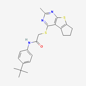 molecular formula C22H25N3OS2 B2732246 N-(4-tert-butylphenyl)-2-({10-methyl-7-thia-9,11-diazatricyclo[6.4.0.0^{2,6}]dodeca-1(8),2(6),9,11-tetraen-12-yl}sulfanyl)acetamide CAS No. 670270-23-2