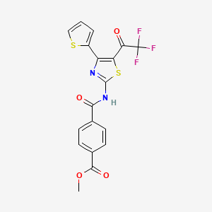 molecular formula C18H11F3N2O4S2 B2732360 Methyl 4-((4-(thiophen-2-yl)-5-(2,2,2-trifluoroacetyl)thiazol-2-yl)carbamoyl)benzoate CAS No. 361480-79-7