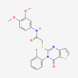 molecular formula C22H18FN3O4S2 B2732471 N-(3,4-dimethoxyphenyl)-2-{[3-(2-fluorophenyl)-4-oxo-3,4-dihydrothieno[3,2-d]pyrimidin-2-yl]sulfanyl}acetamide CAS No. 1260939-41-0